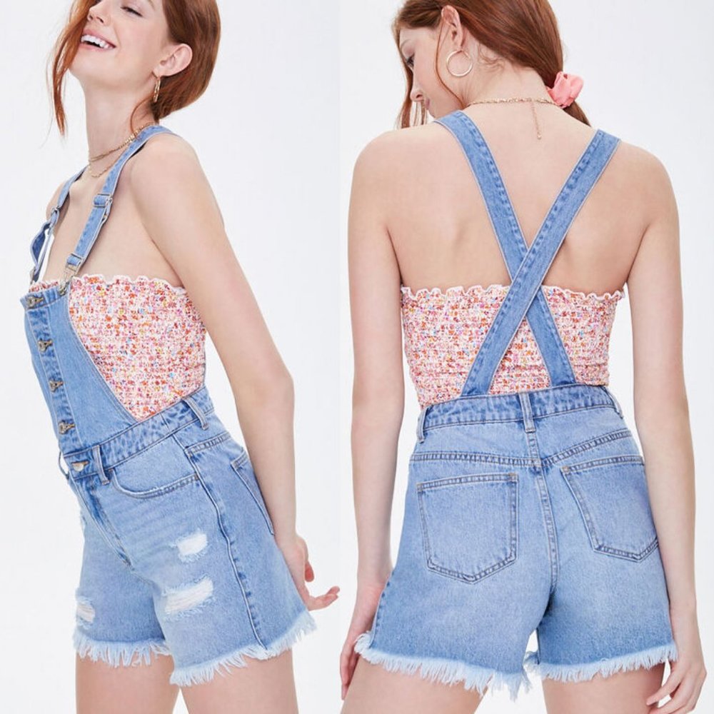 NEW High Waist Distressed Denim Overalls Shorts - Picture 3 of 10